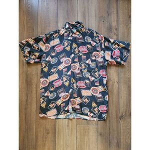 Vintage VTG Hukapoo All Over Print 100% Silk Mens‎ Button Down Shirt Size Large